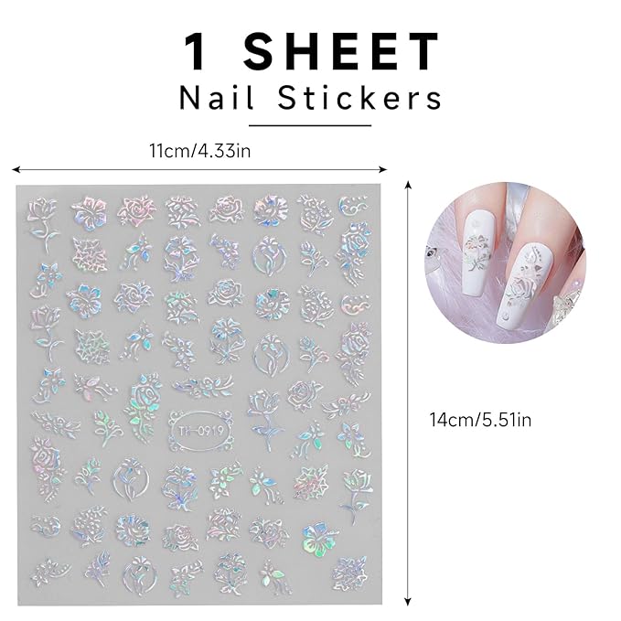 Glitter Flower Nail Stickers for Nail Art, Nails Art Stickers Decals Self Adhesive Floral Nail Sticker for Women Nails Decoration