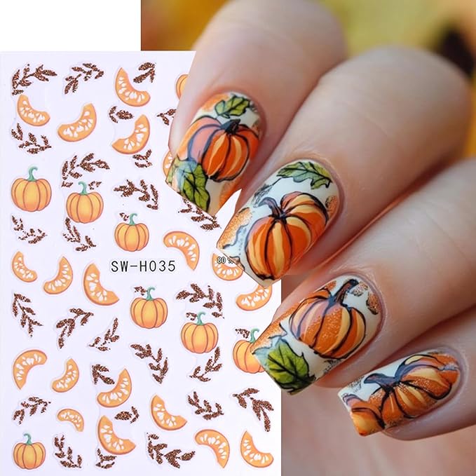 Pumpkin Nail Stickers Fall Nail Decals Maple Nail Art Stickers Glitter Leaves Nut Orange Design Thanksgiving Fall Nail Sticker for Nail Art 3D Self Adhesive for Women DIY Holiday Manicure Supplies