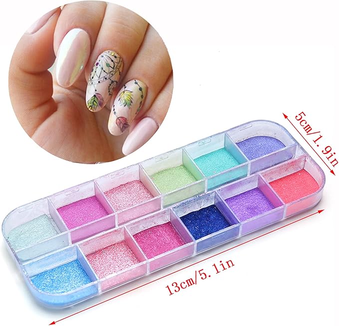 12 Colors Nail Powder Holographic Pearl Color Aurora Pigment Nail Art Glitter Dust Design Women Girls Manicure Tips Charms Decoration 3D Nails Supplies for Nail Art Gel Polish Dipping Liquid Powders
