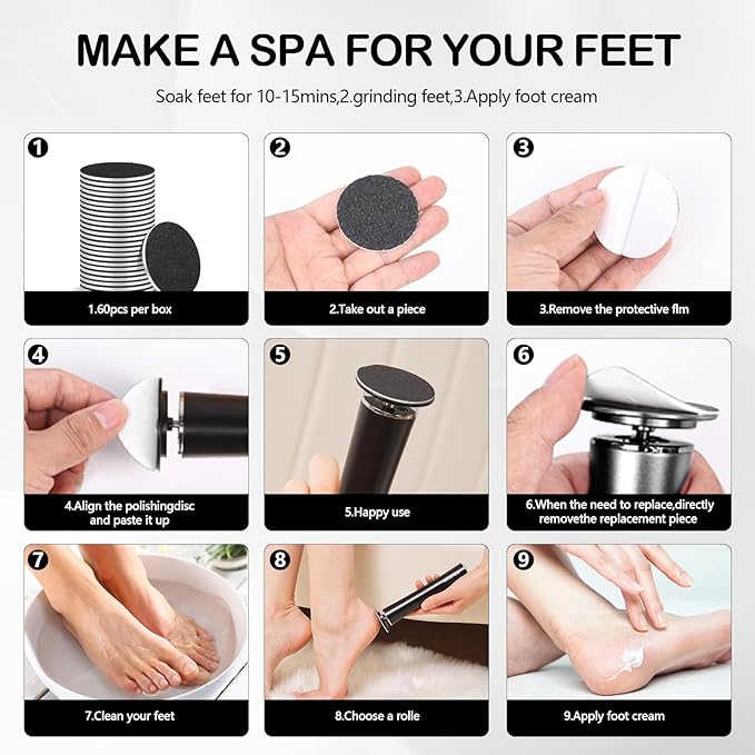 Cordless Electric Foot Callus Remover,Rechargeable Grinder Tool for Feet Dead Skin,Professional Pedicure File Heel Sander Tools with 60pcs Sandpaper Pads(Black)