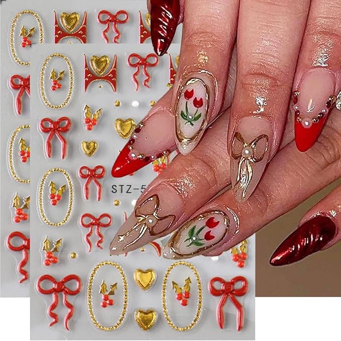 Christmas Nail Art Stickers Decals 5D Embossed Bow Nail Stickers 2PCS Red Gold Bow Heart Gold Circle Cherry Xmas Nails Design Self-Adhesive Nail Decals Manicure Supply for Women DIY Nail Art