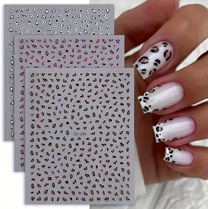 Leopard Nail Stickers Fall Nail Decals 6PCS 3D Self-Adhesive Pink White Brown Leopard Print Nail Design Stickers Cute Autumn Nail Art Supplies Fall Nail Art Sticker for Women DIY Nail Decorations
