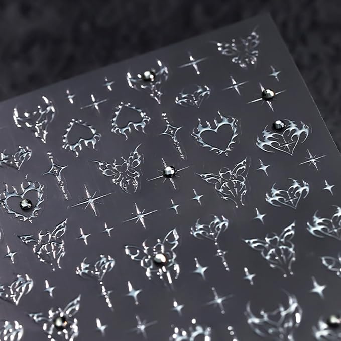 Silver Star Nail Art Stickers 5D Self Adhesive Heart Butterfly Nail Stickers for Nail Art Silver Nail Decals Rhinestone Design Star Nail Supplies for Women Girls