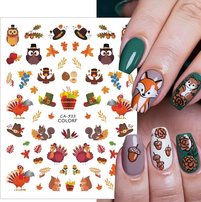 6Sheets Fall Nail Stickers 3D Cute Turkey Pumpkin Nail Decals Self Adhesive Thanksgiving Nail Art Stickers Autumn Maple Leaf Nail Decoration Accessories Squirrel Manicure Supplies for Women DIY