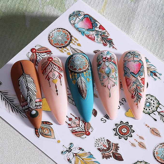 4Pcs Thanksgiving Nail Stickers Gold Leaf Exquisite Totem Nail Decals DIY Self Adhesive Grateful Heart Feather Design Nail Decoration Supplies Holiday Manicure Accessories for Women Girls