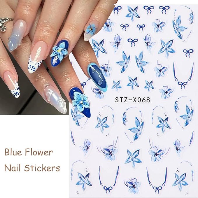 6Sheets Spring French Nail Stickers 3D Self Adhesive Flower Nail Decals Elegant Tulip Flower Bow Nails Art Stickers Blue Hibiscus Floral Nails Art Design Supplies for Women Girls DIY French Manicure
