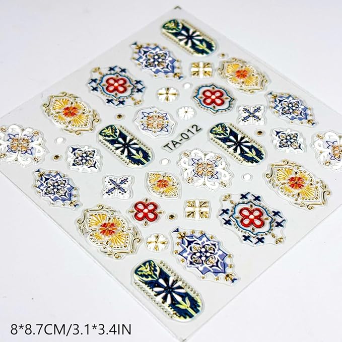 2 Sheets Relief Bohemian Style Nail Stickers, Retro Color 5D Embossed Nail Decals with Metallic Lace Lines, Vintage Boho Nail Art Decoration for Women Girls DIY Manicure Supplies