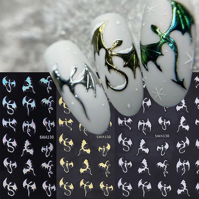 6Pcs Halloween Nail Art Stickers 3D Holographic Flying Dragon Nail Decals Self Adhesive Horror Bat Nail Stickers Laser Gold Silver Bat Dragon Design Halloween Nail Supplies for Women Holiday Manicure