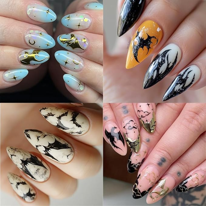 6 Sheets Halloween Nail Stickers 3D Self-Adhesive Dragon Nail Art Stickers Glitter Laser Gold Bat Design Horror Gothic Nail Decals Nail Art Supplies for Women Acrylic Manicure Decorations