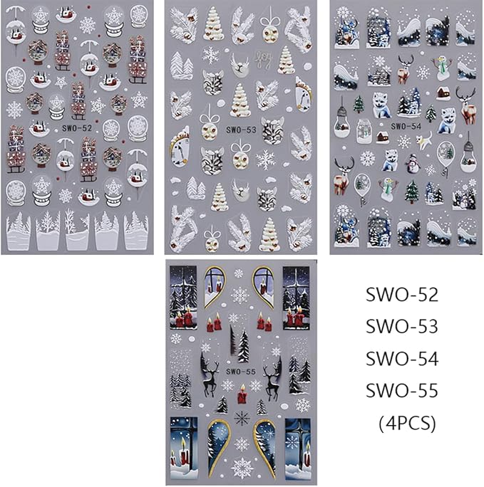 5D Embossed Christmas Nail Stickers for Nail Art - Snowflake Nail Art Stickers Xmas Tree Light Ball Gift Nail Decals Elk Deer Nail Supplies for Women DIY Christmas Decorations 4 Sheets