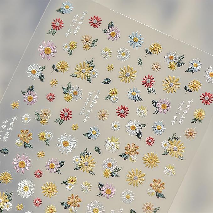 Colorful Daisy Nail Art Stickers 5D Embossed Daisy Nail Stickers Self Adhesive Cute Flower Nails Decals White Floral Design Sticker Spring Summer Nails Supplies for Women DIY Manicure