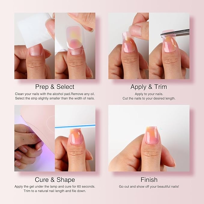 Semi Cured Gel Nail Strips, 20 PCS Gel Nail Stickers Work with UV Light, Salon Quality & Easy to Use - Pink Lady