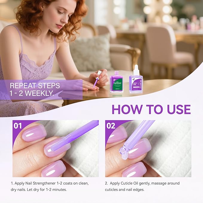 Gelike EC Nail Kit for Beginners: Purple Easy-Use nail polish strengthener & Lavender Oil for Thin Weak Nails - for Stress Relief - Repair Split Nails - Spa & Night Care Routine