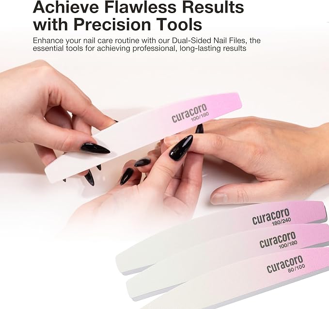 Curacoro 10 PCS Nail File - Professional Half-Moon Nail Files Double Sided Emery Board (180/240 Grit), Washable Nail Files and Buffers, Smooths & Shapes Nails, Manicure & Pedicure Buffing Tools