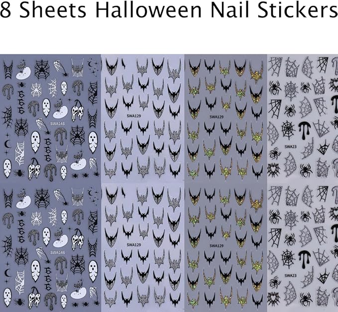 8 Sheets Halloween Nail Stickers Decals Gold Gloss Bat Nail Art Stickers Goth Nail Design Stickers Self-Adhesive Spider Web Spider Skeleton Nails Accessories for Women Nails Art Decorations Supplies