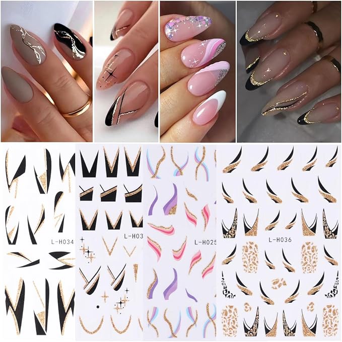 12PCS Line Nail Stickers 3D Colorful Lines Nail Decals Self-Adhesive Nail Art Supplies Gold Glitter Curve Waves Pink Stripes Nail Designs French Nail Tips DIY Manicure Decoration Accessories for Women
