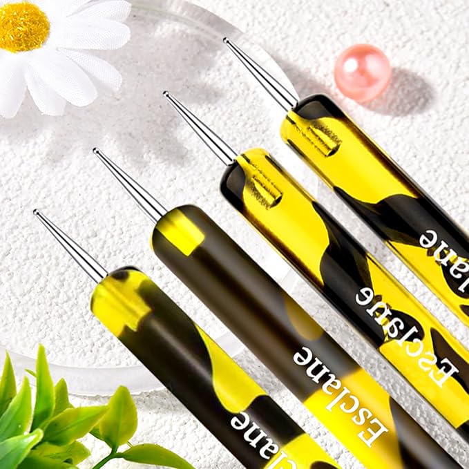 French Manicure Brush, Esclane 2 Way French Nail Brush with Dotting Tool for Manicure Cuticle Clean Up Nail Art Design, French Tip Brush (Yellow, #12)