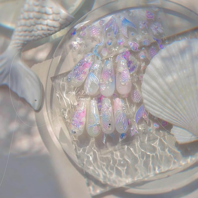 Summer Seashell Starfish Nail Art Stickers 5D Embossed Shiny Shell Nail Decals Cute Mermaid Nail Accessories Ocean Theme Summer Nails Design Pearl Bow Nail Adhesive Sliders for Women Manicure