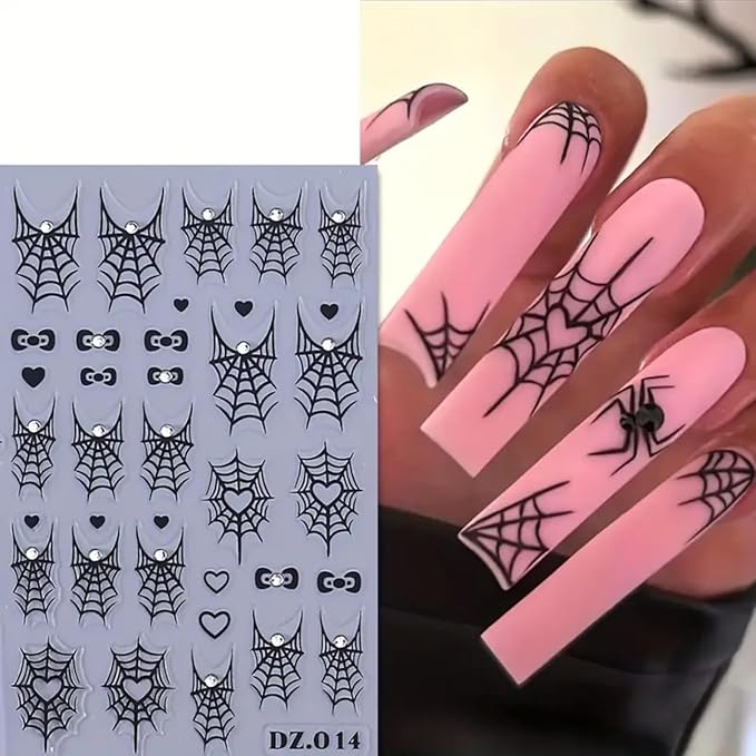 4PCS Halloween Nail Art Stickers Black Spider Web Spider Nail Decals with Rhinestone Crystal Spider Web Spider Nail Stickers Cute Bow Heart Halloween Nail Art Supplies for Women Manicure Decorations