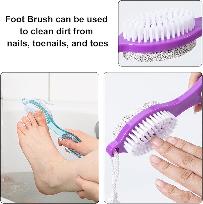 Pumice Stone Brush for Feet 4 in 1, Foot File Callus Remover, Foot Rasp and Sand Paper Pedicure Tools with Handle, Shower Foot Scrubber, Soft Smooth Feet for Home Foot Care,2 Pack