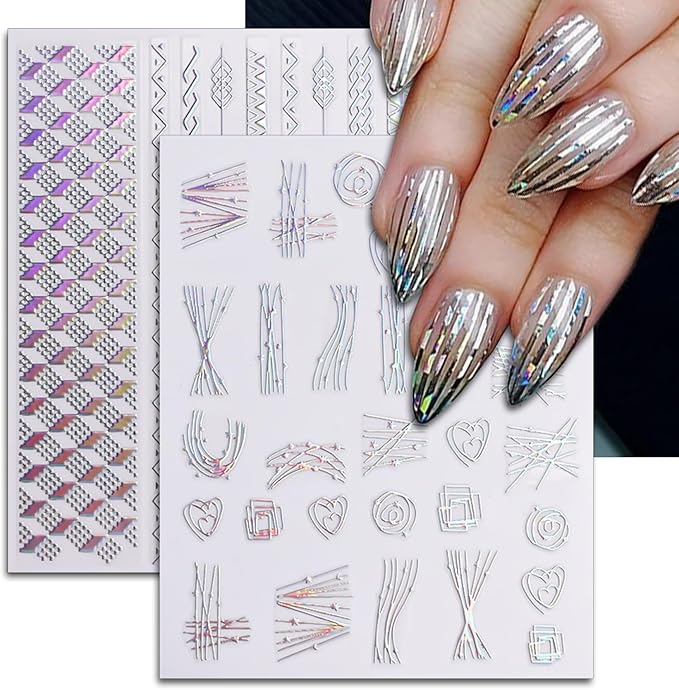 24 Sheets Aurora Nail Art Stickers, Holographic Self-Adhesive Pegatinas Uñas Glitter Design Moon Star Sparkles Heart Line Nail Decals