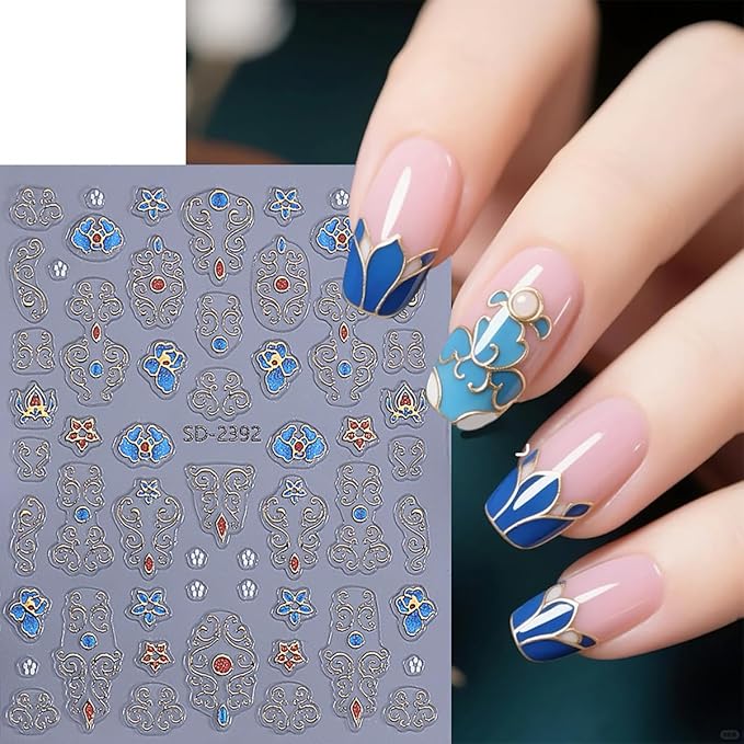 3 Sheets Bohemian Nail Stickers 5D Embossed Vintage Dunhuang Nail Decals Chinese Style Nationality Gems Flower Nail Art Stickers Bronzing Nail Design Supplies for Women DIY Luxury Manicure