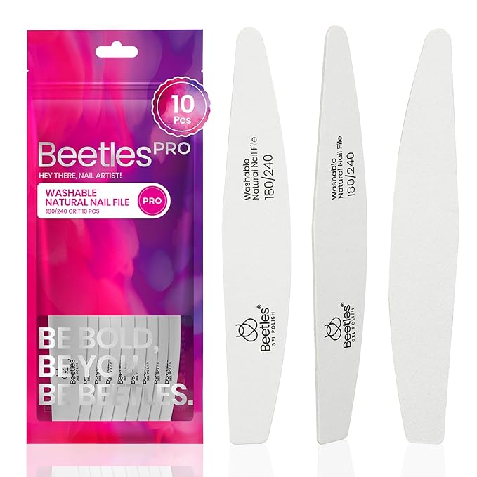 Beetles Pro 10-Pcs Nail File – Professional 180/240 Grit Washable Natural Nail File Double Sided Wood Board Nails Files for Acrylic, Gel & Natural Nails – Salon Quality Manicure Tool