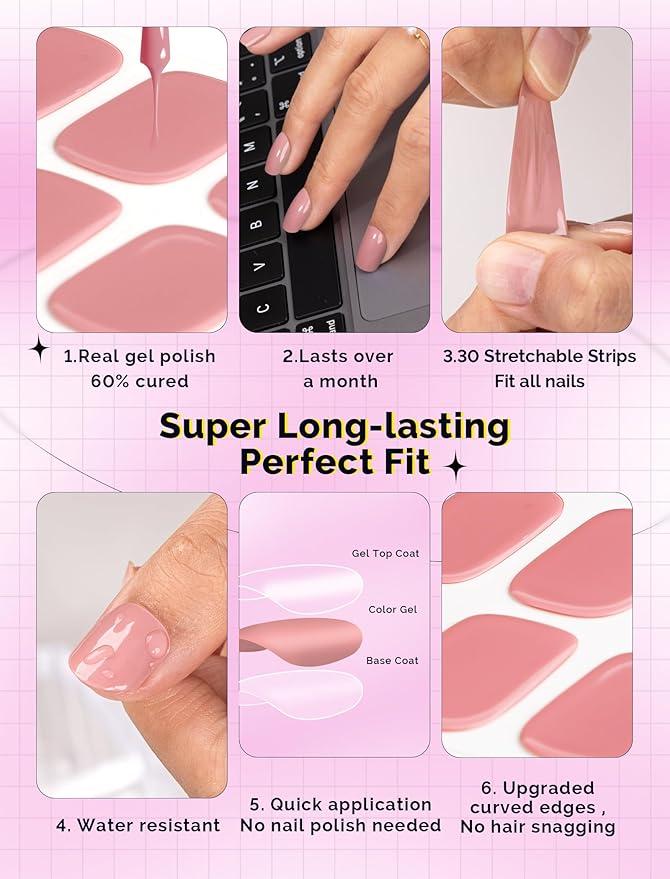 MelodySusie 30PCS Semi Cured Gel Nail Strips, Rose Pink, Salon Quality, Long Lasting, Easy to Apply, Includes 2 Prep Pads, Nail File and Wooden Stick