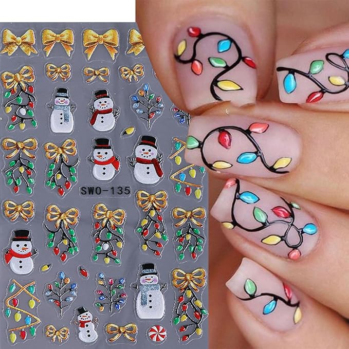 Christmas Nail Art Stickers Color Light Nail Decals with Christmas Tree Santa Claus Snowman Design 3D Self-Adhesive Gold Bow Nail Stickers Acrylic Nail Supplies for Women DIY Xmas Decor 2 Sheets
