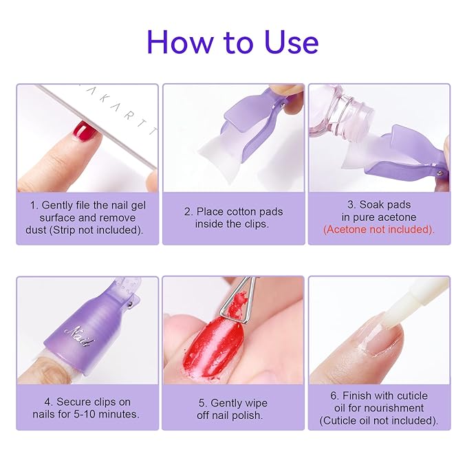 Makartt Nail Clips to Remove Gel Polish, with Double Ended Metal Cuticle Pusher, 20 Pcs Plastic Resuable Finger and Toe Nail Soak Off Clips for Removal Acrylic Art Nail Polish Remover Cap Clip