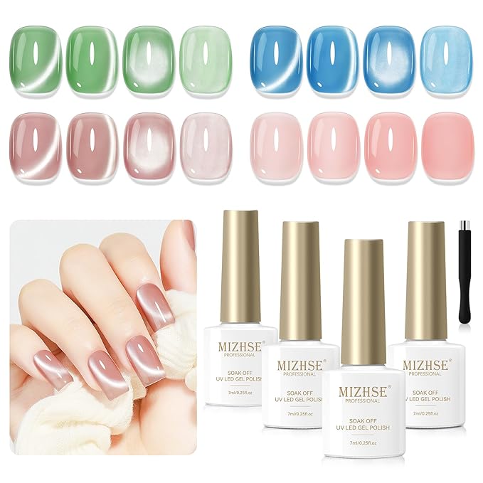 MIZHSE Moonlight Cat Eye Gel Nail Polish, Magnetic Gel Polish Set with Sheer Pink Nail Gel and 1 Magnet Stick, Glossy Effect Nail Gel Green Blue Pink Soak Off UV/LED Nail Art Salon Manicure Home Gift