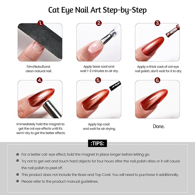 6 Colors 10ml Luminous Cat Eye Nail Polish with Magnet Stick Quick Dry Nail Polish for Nail Art DIY Home Manicure Gift for Women