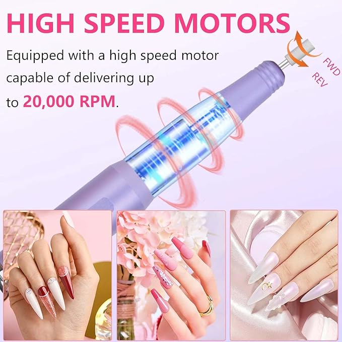 Nail Drill and Dremel - 14-in-1 Portable USB-Powered Nail Care Set with 20000RPM Speed for Gel, Dip Powder, Manicure, Pedicure, Shaping & Polishing, in Elegant (Violet)