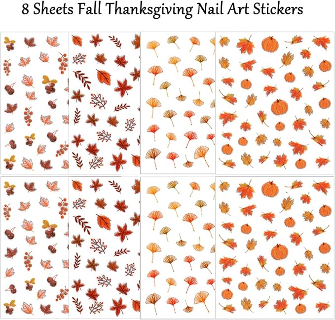 8 Sheets Fall Nail Stickers for Nail Art, 3D Self-Adhesive Bronzing Thanksgiving Nail Decals Pumpkin Maple Leaf Ginkgo Leaves Designs Nails Decorations Autumn Nail Art Supplies for Women