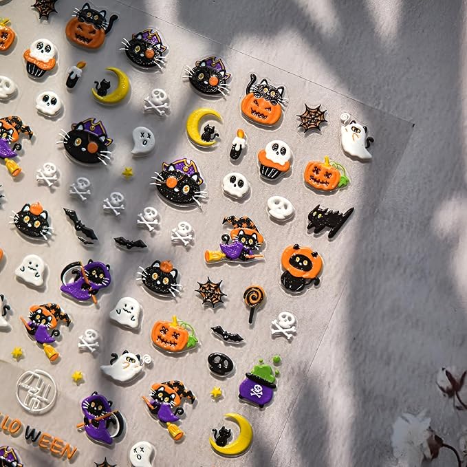 Halloween Nail Art Stickers 5D Embossed Nail Decals Pumpkin Cute Ghost Nail Stickers Skull Spider Web Design Halloween Nail Art Supplies DIY Manicure for Women Girls