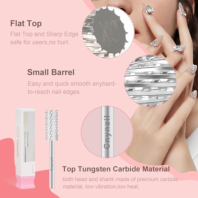 3/32" 5.35MM Small Barrel Flat Top Bit Tungsten Carbide Nail Drill Bit Safety Bit for Gel & Acrylic Removal, 2-Way Rotating Efile Tip, Salon Electric File Accessory (XC Grit, Silver)