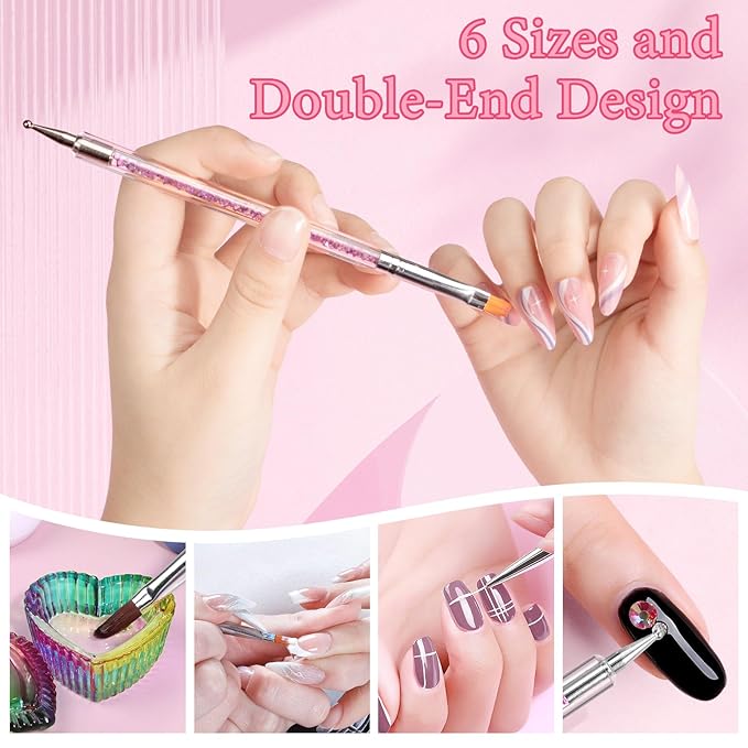 Yokilly Acrylic Nail Art Brush Set, 6 PCS Double-Sided Nail Polish Brush & 4PCS Crystal Dappen Dish for Acrylic Nails, Nail Liner Brush & Glass Container Manicure Cup Nail Art Tool