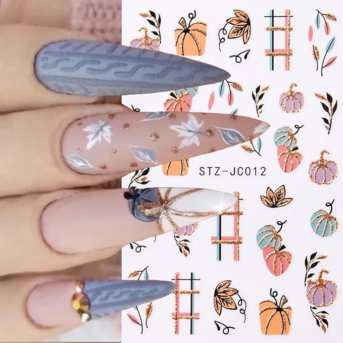 6Pcs Fall Nail Stickers for Nails Art Cute Pumpkin Nail Decals Maple Leaf Nail Art Stickers 3D Self-Adhesive Autumn Leaf Nails Supplies Thanksgiving Manicure Sliders for Women Nails Art Decorations