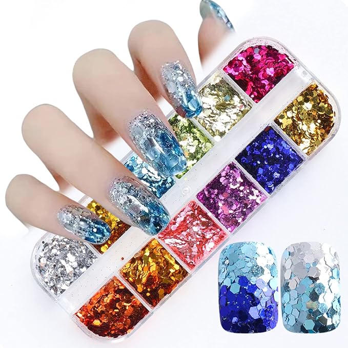 Mermaid Holographic Nail Sequins, 3D Hexagon Flakes Glitter Accessories Mirror Gradient Effect Nail Art Design Sparkly Acrylic Nails Powder for Women Girls Manicure Tips Charms Decoration (12 Colors)