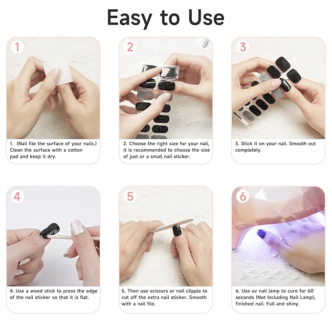 28pcs Semi Cured Gel Nail Strips (Antique Pink Glitter), Gel Nail Stickers Work with Any UV Lamps, Long Lasting Nails Wraps for Women