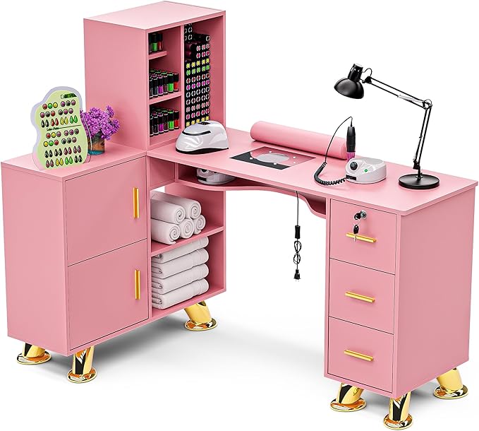 Manicure Table Nail Station w/Dust Collector - L-Shaped Nail Tech Table with Shelves, Storage Cabinets, Drawers, Metal Handles & Legs, Salon Wrist Rest, Beauty Salon Workstation Decor (Pink)