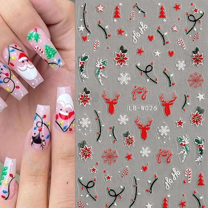 4 Sheets Christmas Nail Stickers 5D Embossed Holly Leaf Nail Decals Christmas Tree Pine Leaves Snowflake Design Self Adhesive Nail Supplies Winter Xmas Nail Art Stickers for Women DIY Nail Decoration