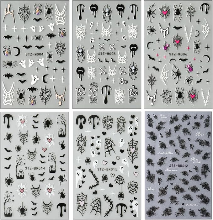 6Pcs Halloween Nail Stickers for Nail Art, Bat Spiders Nail Art Stickers Spider Web Black Rose Skull Ghost Nails Design Decals Halloween Nail Supplies for Women DIY Manicure Decoration Accessories
