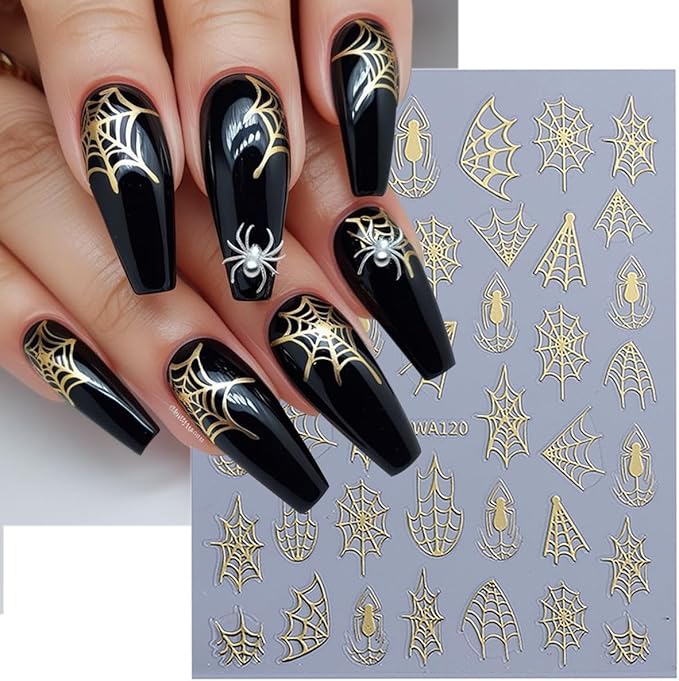 5 Sheets Halloween Nail Stickers for Nail Art 3D Self-Adhesive Spider Web Nail Art Stickers White Black Silver Laser Gold Spider Nail Decals Goth Nail Art Supplies for Women Acrylic Manicure Salon