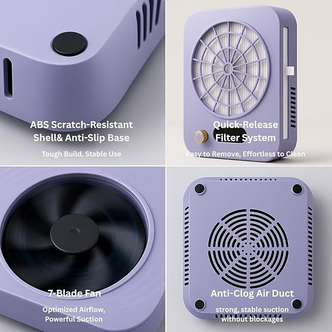 Nail Dust Collector Rechargeable, Nail Dust Vacuum with Reusable Filter, 4300 RPM Power Suction Nail Tech Fan Extractor for Acrylic Gel Polish Manicure at Salon & Home