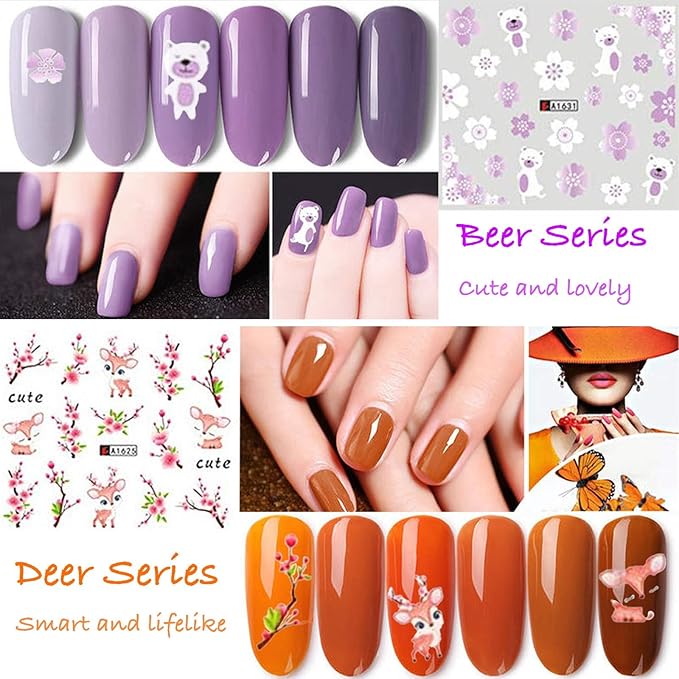 Pink Flowers Nail Stickers Pink Cherry Blossoms Decals with Tree Leaves and Animal Nail Art Sliders for Nail Art Decoration Watermark Designs Foil Nail Art Decals Manicure Tips Decorations (2 Pink)