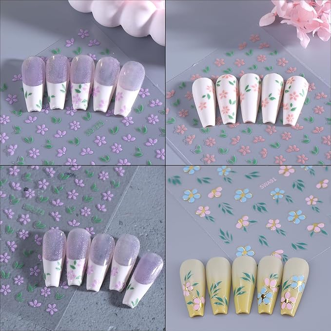 6Sheets Flower Nail Stickers for Nails Spring Floral Nail Decals Purple Pink Flowers Leaves Design Cute Nail Art Stickers Small Daisy Nails Supplies DIY Manicure Decoration Accessories for Girls