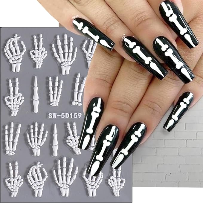 2 Sheets Halloween White Skeleton Bones Nail Art Stickers 5D Embossed Finger Skull Nail Stickers Design Self-Adhesive Skeleton Fingers Nail Decals for Women DIY Halloween Party Nails Decorations