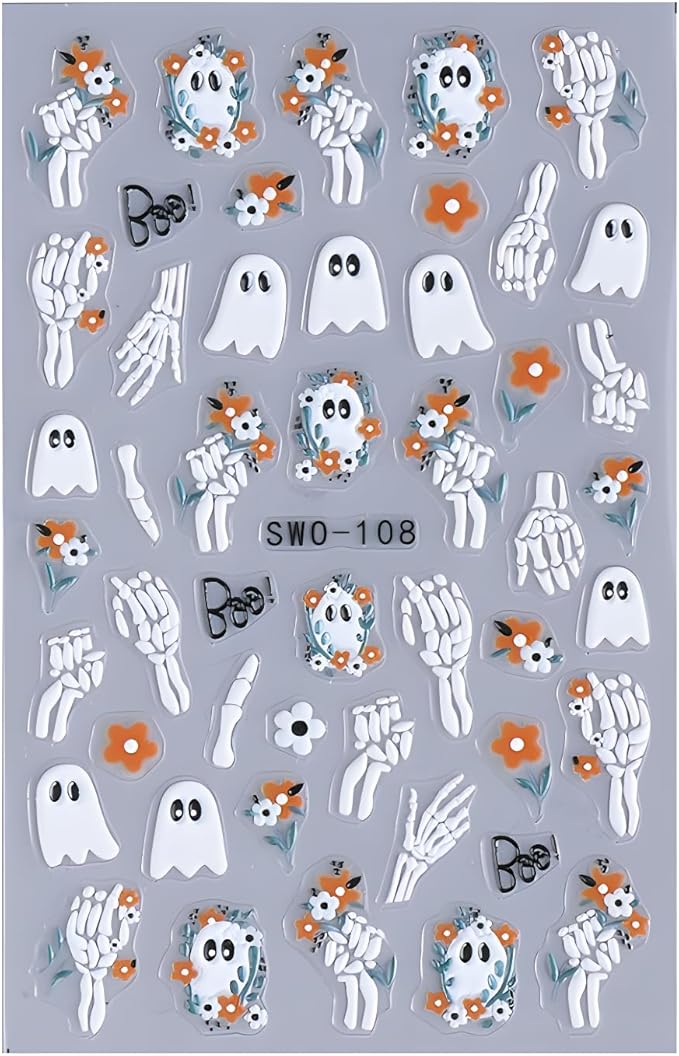 2 Sheets Halloween Nail Art Stickers Flower Nail Stickers 5D Self-Adhesive Colorful Spider Nail Decals Cute Ghost Nail Art Skeleton Nail Supplies Decoration for Women and Girls