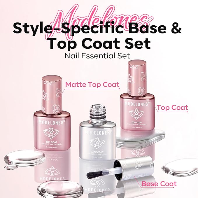 modelones Gel Base and Top Coat Set 3 Pcs, Clear No Wipe Glossy and Matte Top Coat & Base Coat Nail Polish 2025 Upgrade Formula Pro Gel Mini Salon Manicure Kit Gift for Women Girls Starter